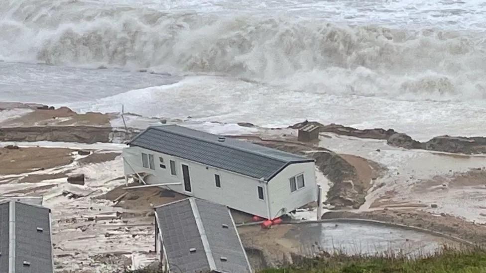 Storm damage at Freshwater Beach Holiday Park at Burton Bradstock