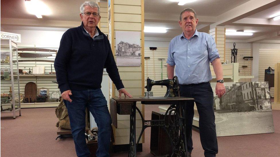 Seamus and Liam with old Singer sewing machine