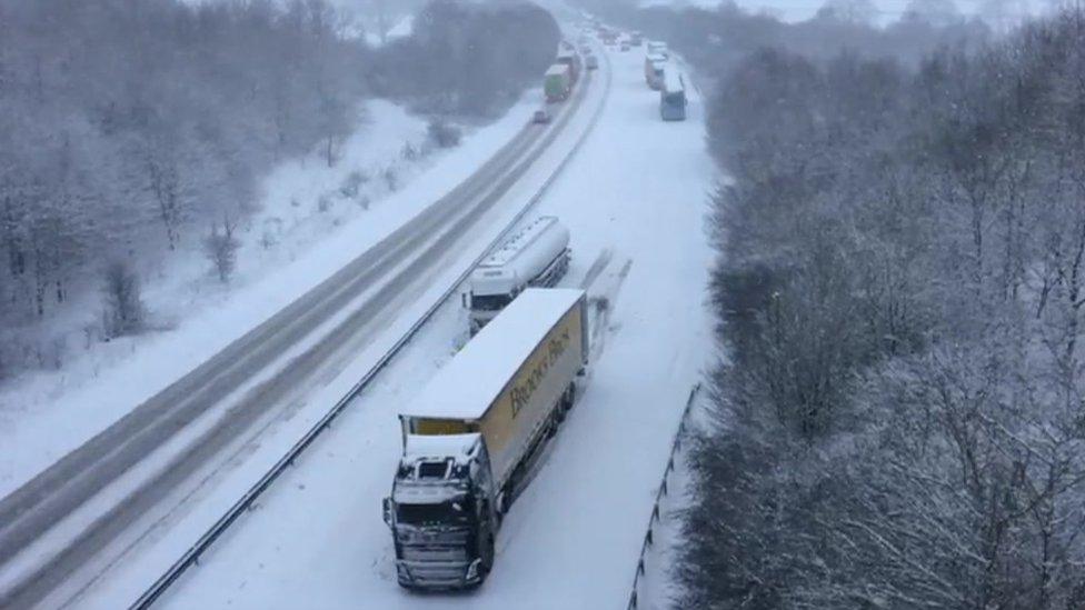 Lorry stuck in snow on A46 near Lincoln