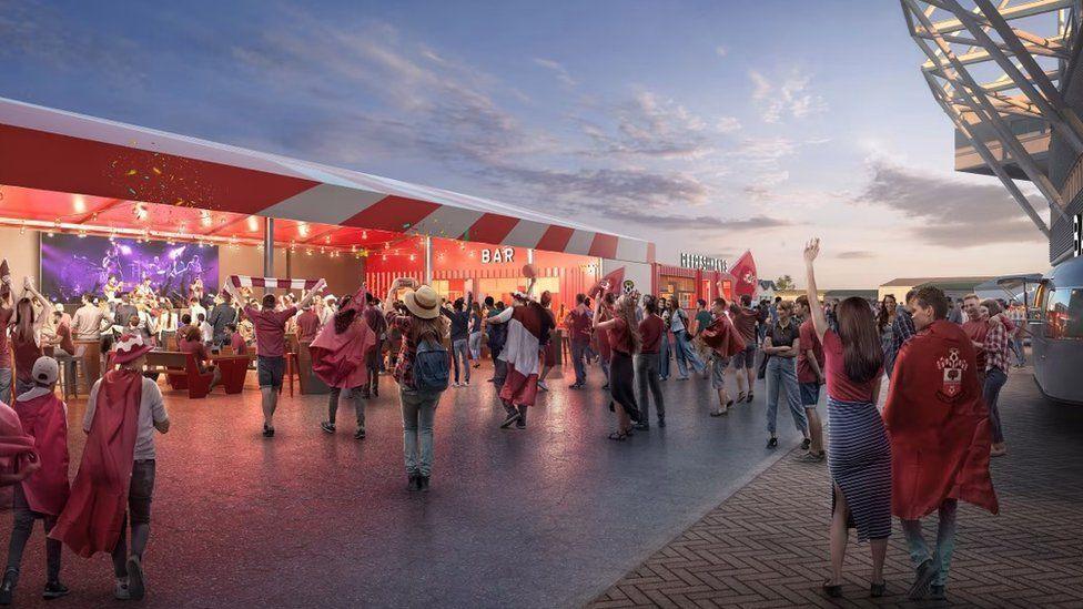 A CGI depiction of fans enjoying music in the new marquee outside the Northam Stand, at twilight