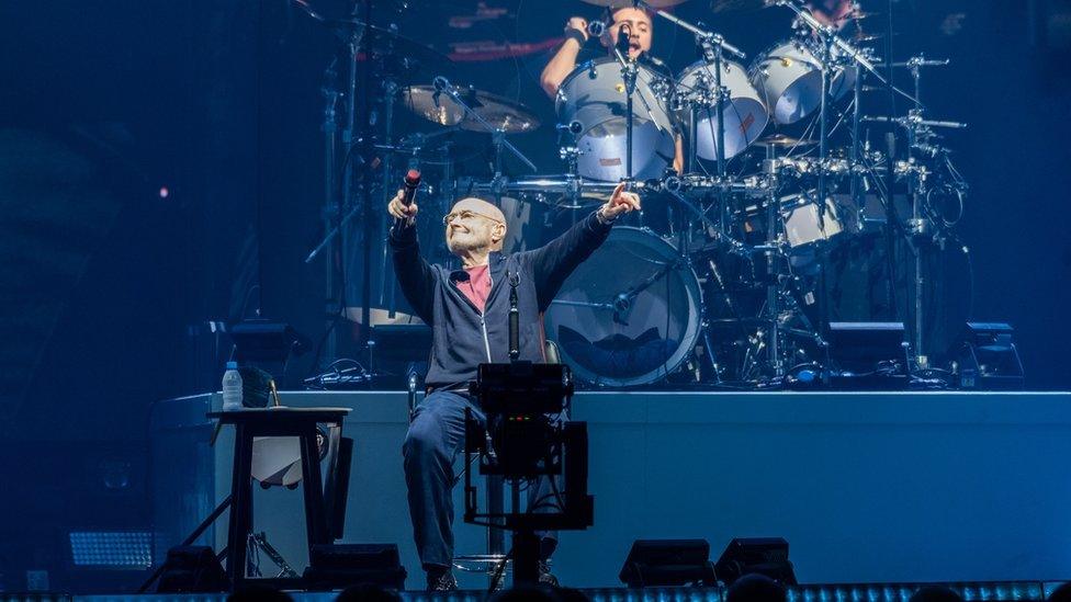 Phil Collins of Genesis performs on stage during The Last Domino Tour? tour at the SSE Hydro in Glasgow on 7 October 2021