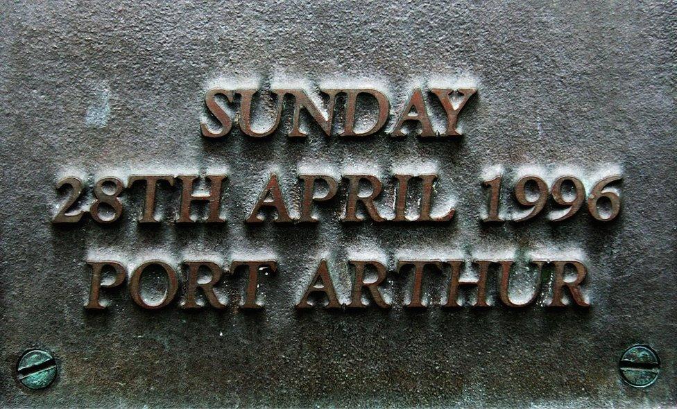 A plaque on on the Port Arthur memorial site is seen during a commemoration service to mark the 10th anniversary of the massacre 28 April 2006 in Port Arthur, Australia