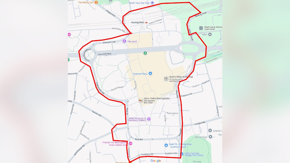 A Google map of Basingstoke with a red line marking the area of the dispersal order