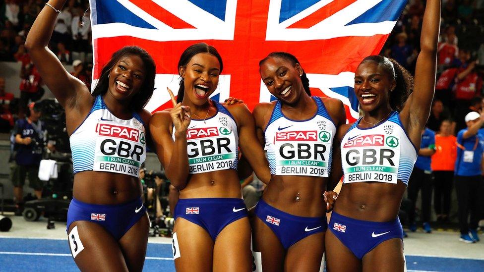 Great Britain's Asha Philip, Imani Lansiquot, Bianca Williams and Dina Asher-Smith celebrate winning the 4x100m gold medal.