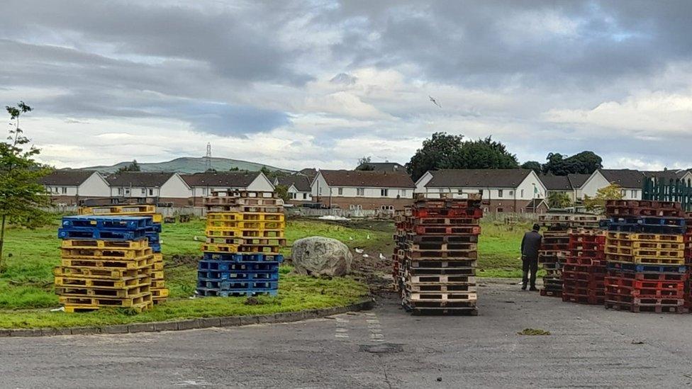 Wooden pallets stacked at the bonfire site in Galliagh in Londonderry