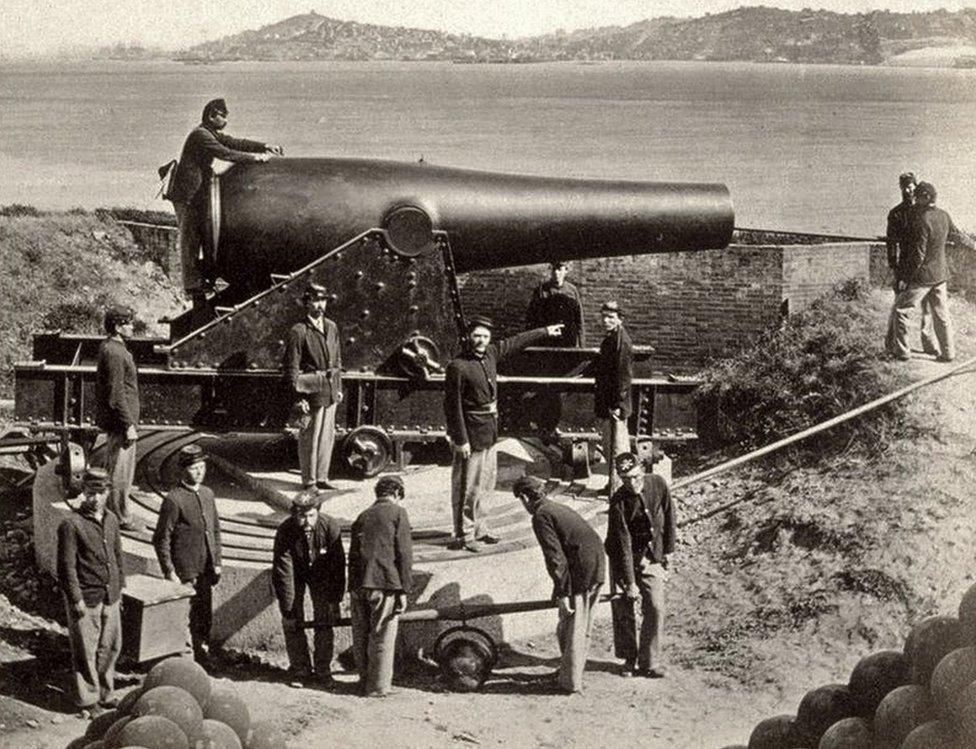 A photo from 1869 shows soldiers on the island back when it was still a fort