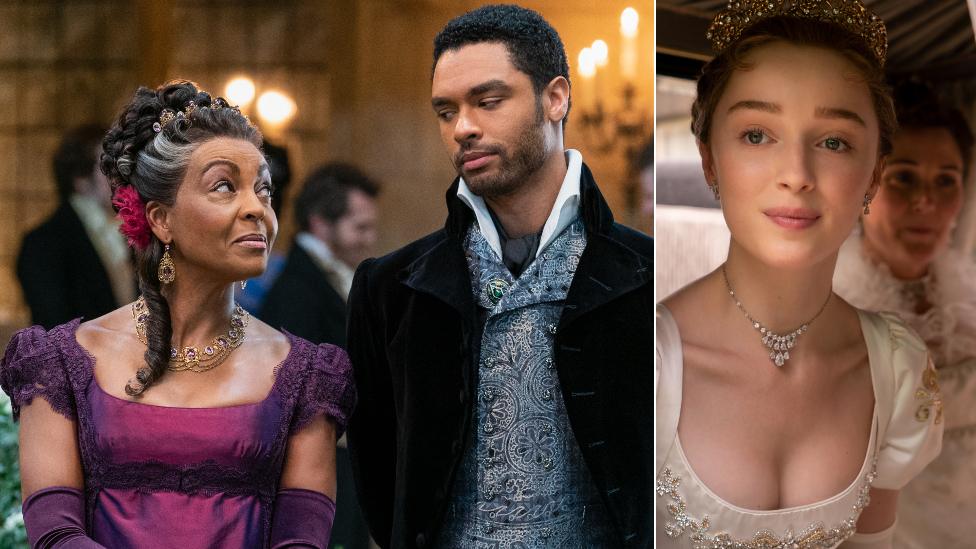 DJOA ANDOH as LADY DANBURY, REGÉ-JEAN PAGE as SIMON BASSET and PHOEBE DYNEVOR as DAPHNE BRIDGERTON