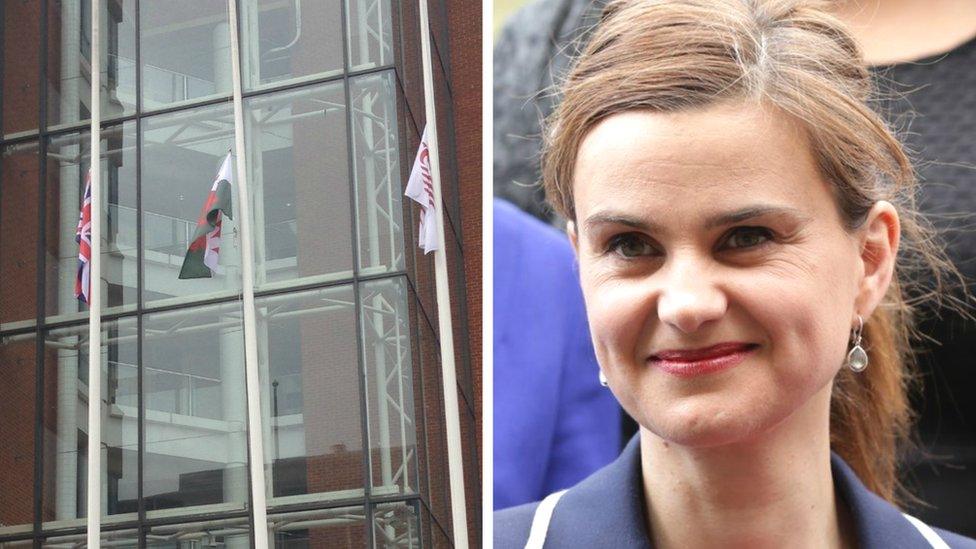 Flags at half mast outside the Welsh Assembly for Jo Cox