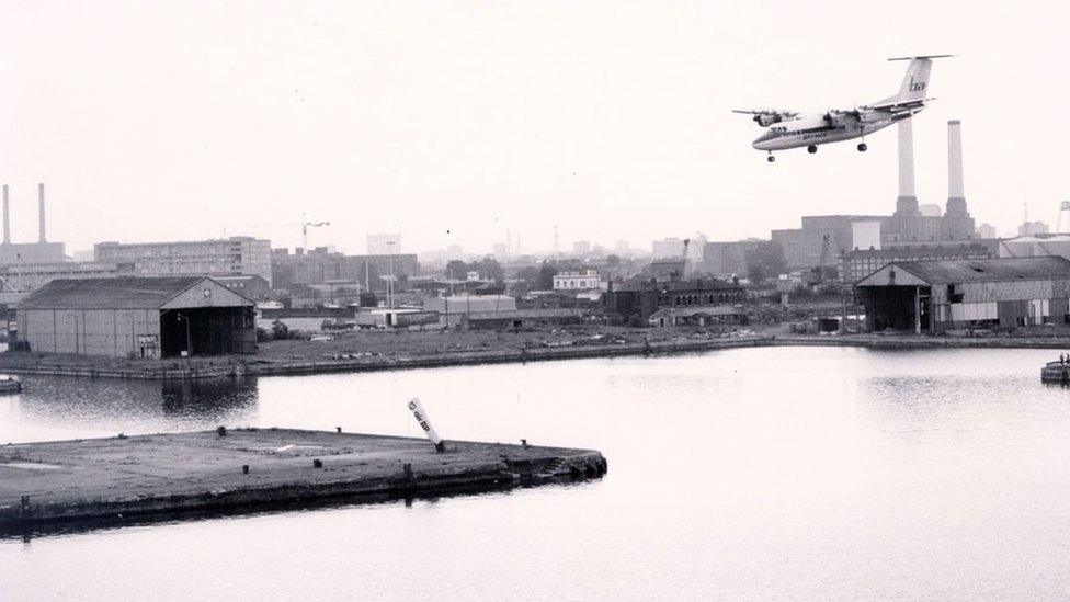 Captain Harry Ghee lands Dash 7 G-BRYA City of Plymouth on the 1000m Heron Quays