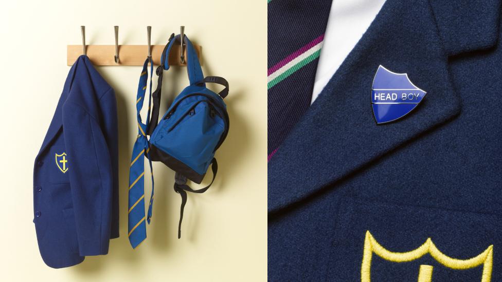 composite images of school blazer on hook and close up of crest