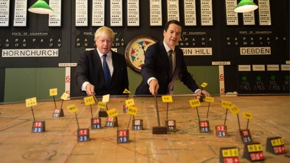 London Mayor Boris Johnson and Chancellor George Osborne visit the Battle of Britain Bunker