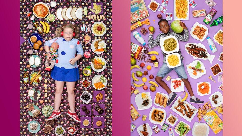 two photos of kids surrounded by food