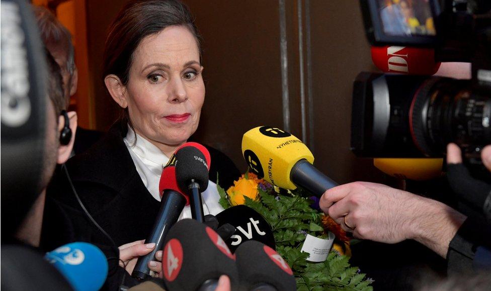 Sara Danius talks to the media as she leaves after a meeting at the Swedish Academy in Stockholm in April 2018