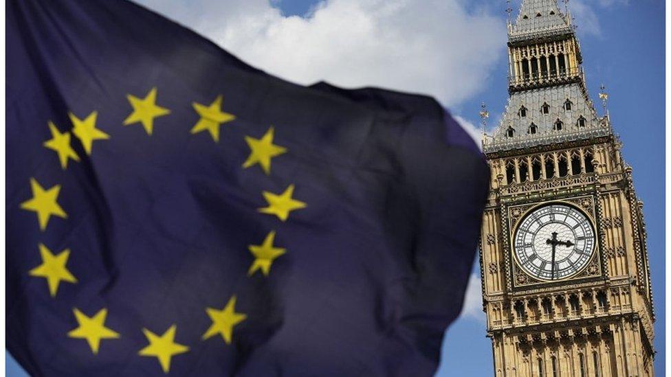 European flag near houses of Parliament