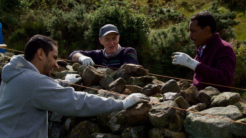 Volunteers working on a dry-stone wall in the Mournes