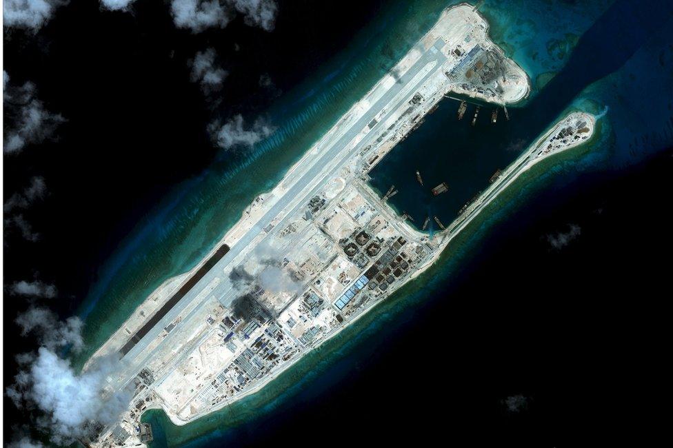 Fiery Cross reef, located in the disputed Spratly Islands in the South China Sea, is shown in this handout Center for Strategic and International Studies (CSIS) Asia Maritime Transparency Initiative satellite image taken 3 September 2015 and released to Reuters 27 October 2015