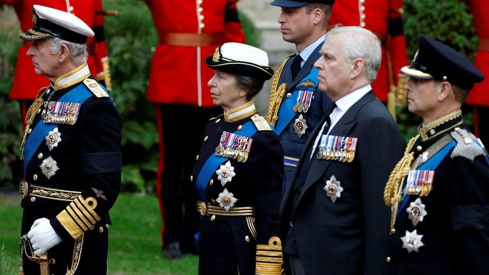 Charles III, Anne, Princess Royal, Prince William, Prince of Wales, Prince Andrew, Duke of York, Prince Edward, Earl of Wessex