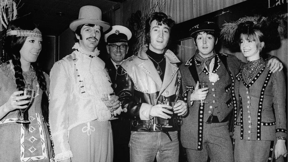 The Beatles on the set of Magical Mystery Tour