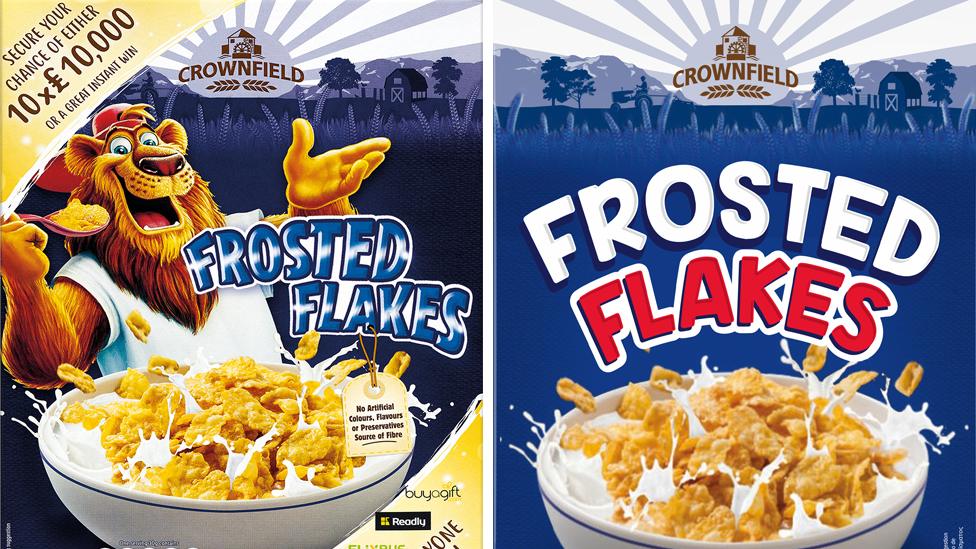 The old brand of Lidl's Frosted Flakes - featuring a cartoon lion - and the new brand