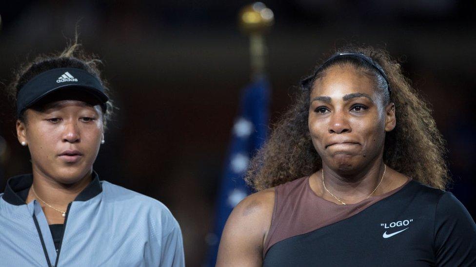 2018 US Open Tennis Tournament- Day Thirteen. Naomi Osaka of Japan with Serena Williams of the United States at the presentations after the Women's Singles Final on Arthur Ashe Stadium at the 2018 US Open Tennis Tournament