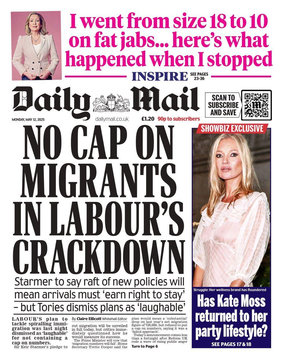 Daily Mail front page on Monday 12 May 2025
