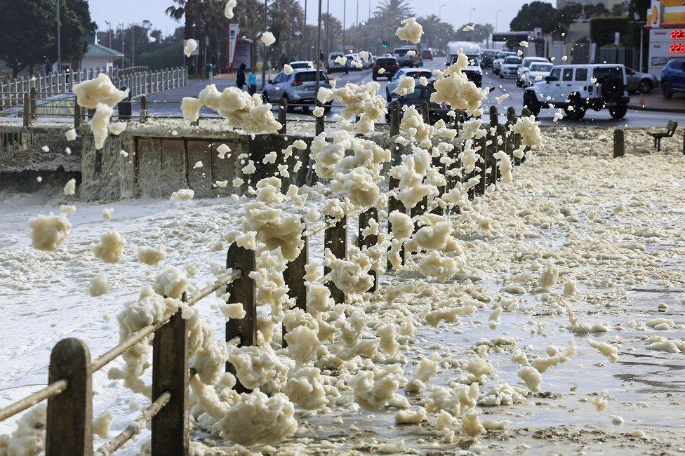 Sea foam is pictured next to a fence at Three Anchor Bay.