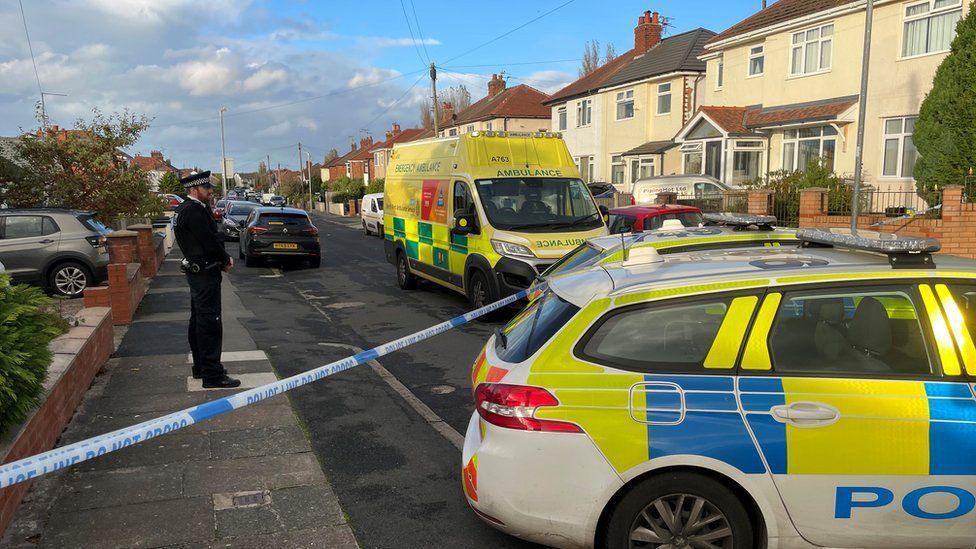 A police officer stands on a pavement in Meadowbrook Road, a residential street lined with semi-detached houses. A police patrol car is parked in the middle of the road and a line of police tape crosses from left to right. An ambulance is parked behind the cordon next to the officer