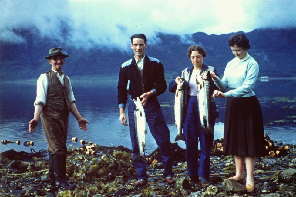 Two men and two women standing on a shoreline holding large fish, with water, hills and clouds behind them.