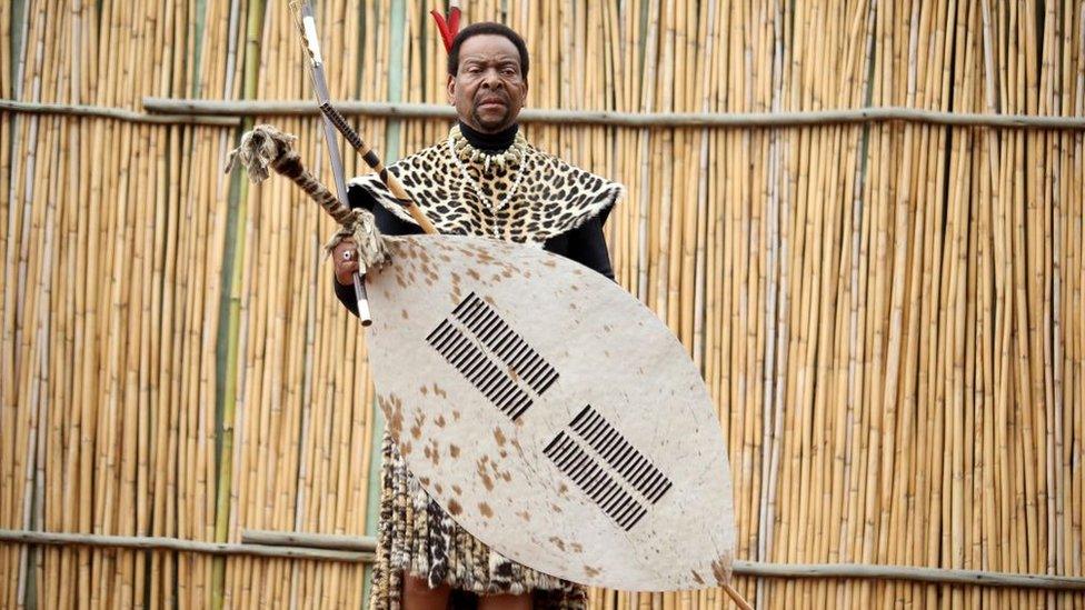 King Goodwill Zwelithini during the annual Umkhosi Womhlanga (Reed Dance) at Enyokeni Royal Palace on September 07, 2019 in Nongoma, South Africa.