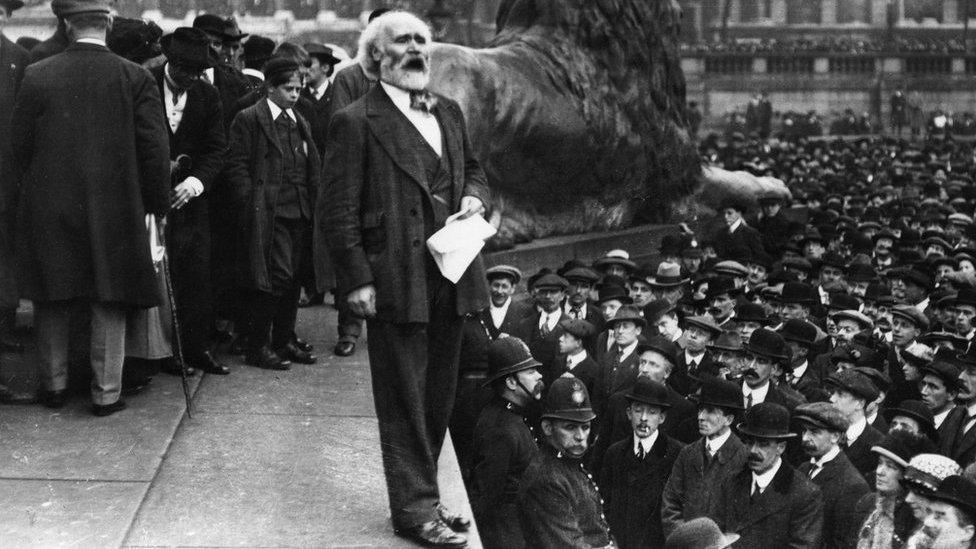 Keir Hardie (1856 - 1915), addressing the Suffragettes' Free Speech meeting in Trafalgar Square, London.