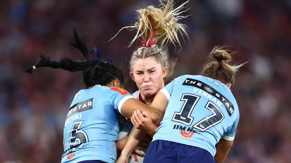 Queensland Maroons' Makenzie Weale is tackled during game one of the Women's State of Origin series between the  and New South Wales Blues at Suncorp Stadium in Brisbane, Australia