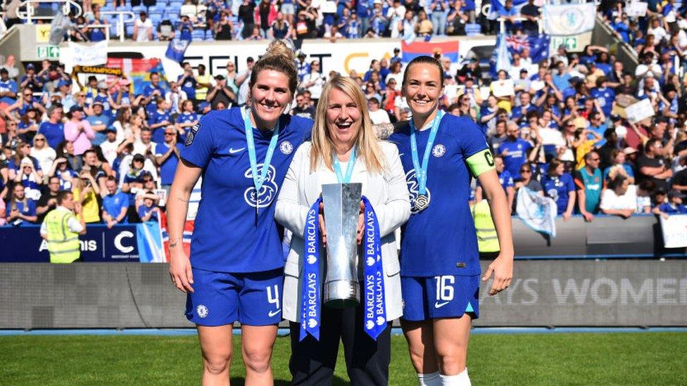 Emma Hayes with Millie Bright and Magdalena Eriksson