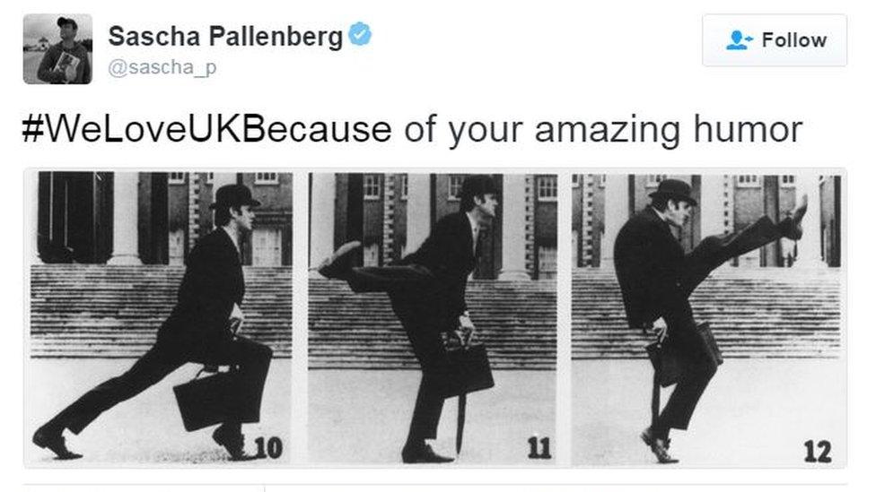 Tweet saying somebody loves the UK because of Monty Python silly walks