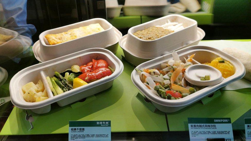 Plant-based meat dishes are seen offered at a Starbucks store on April 22, 2020 in Shanghai, China. Starbucks has launched plant-based meat menus in China