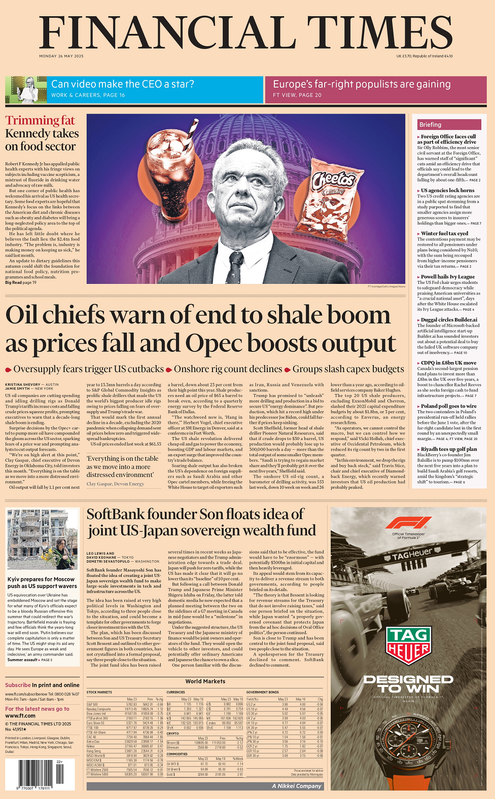 Financial Times headline reads: Oil chiefs warn of end to shale boom as prices fall and Opec boosts output