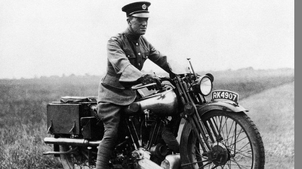 TE Lawrence on his motorbike in 1927