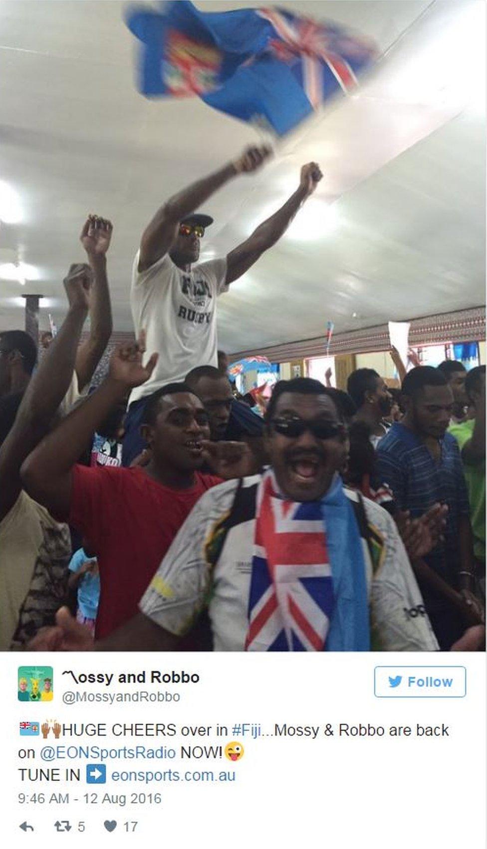 Huge cheers go up in from Fiji fans