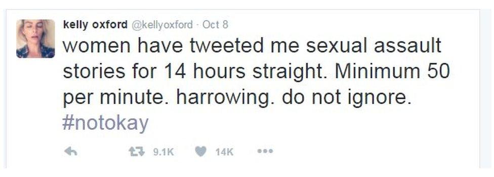 Tweet reads: women have tweeted me sexual assault stories for 14 hours straights. Minimum 50 per minute. harrowing. do not ignore.