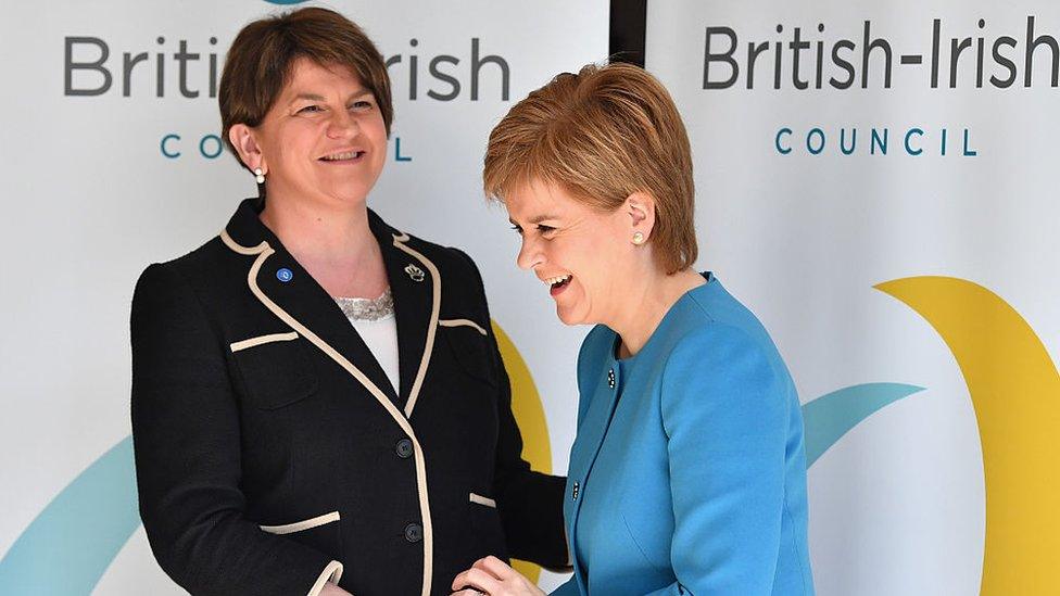 Arlene Foster First Minister Northern Ireland executive meets Nicola Sturgeon the First Minister of Scotland as they arrive for the British Irish council on June 17, 2016