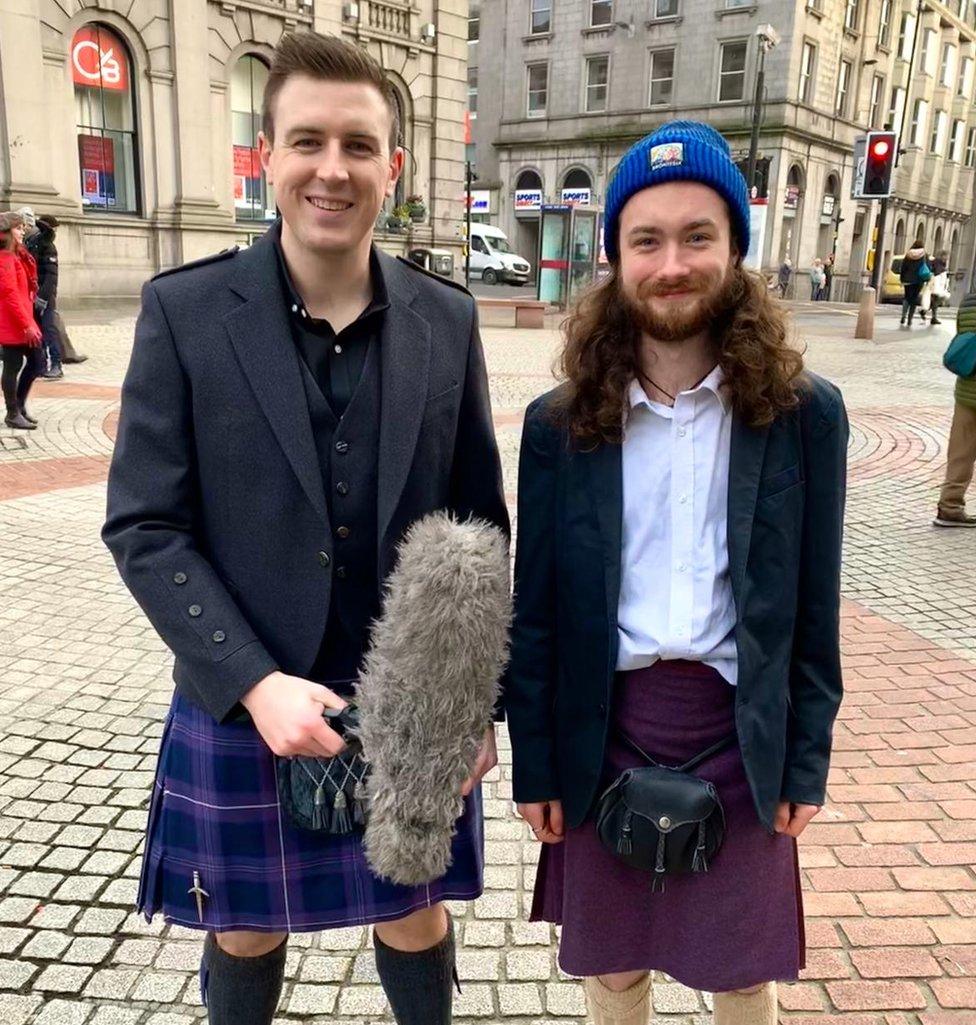 Isaac in a vegan kilt