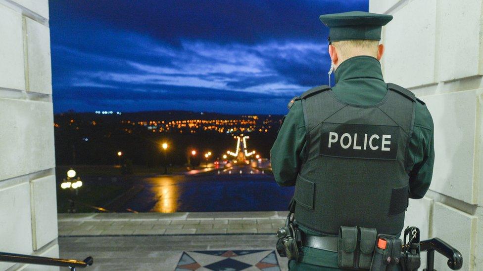 A police officer positioned at Stormont, looking out at the night-time driveway up to the main building