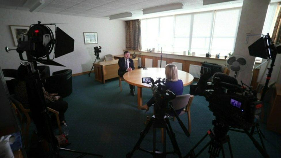 Health Minister Robin Swann being interviewed by BBC News NI health correspondent Marie-Louise Connolly