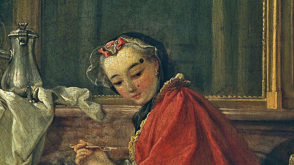 Detail from Le Dejeuner by Francois Boucher (1739) showing woman with prominent beauty mark above her eyebrow