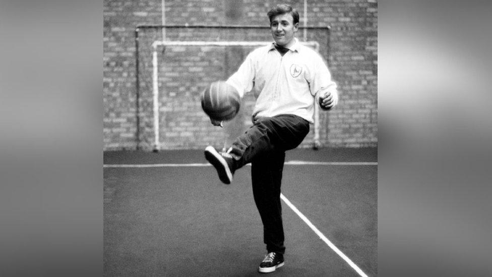 Tottenham Hotspur winger Terry Medwin practices his ball skills as he trains alone at the team's training headquarters in a race for fitness. He is recovering from a broken leg sustained during the team's close season tour of South Africa, 17th December 1963. (Photo by Monte Fresco/Mirrorpix/Getty Images)