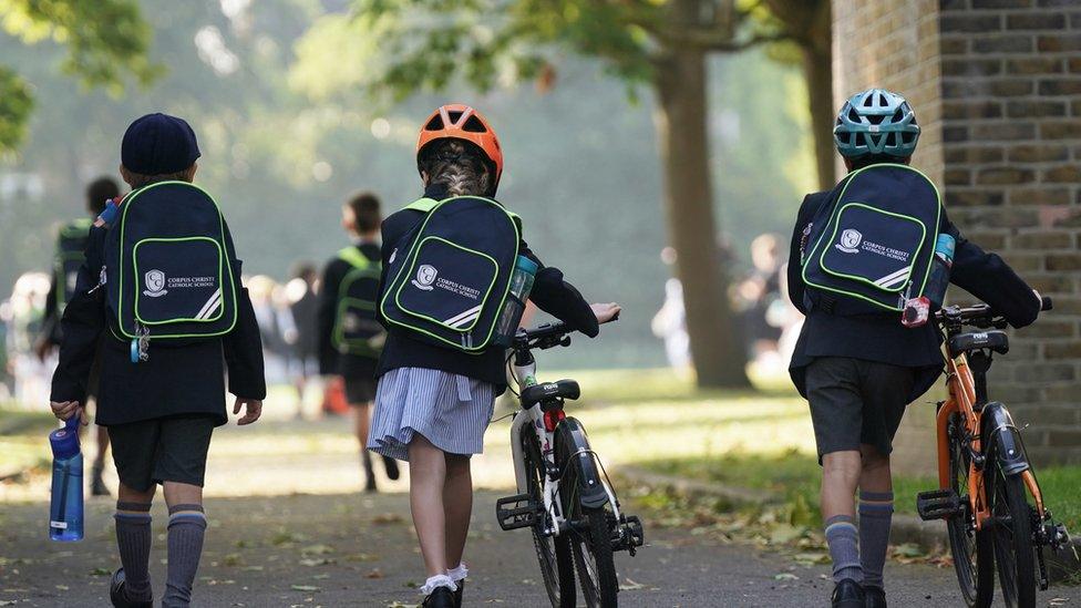 Pupils from Corpus Christi Catholic School, Brixton arrive at St Martin's in the Field Girls' School in London, as they are relocated after their school was affected by the presence of RAAC (reinforced autoclaved aerated concrete)