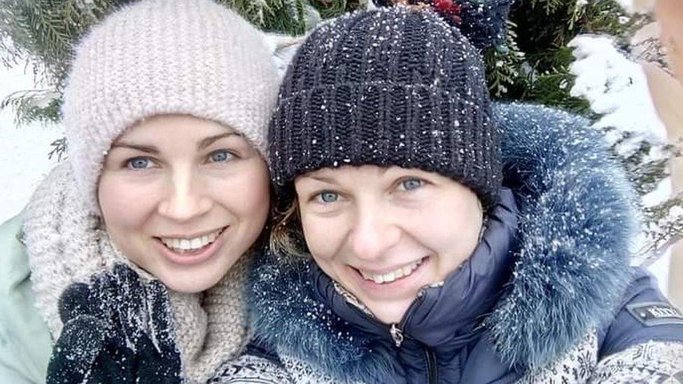 Tanya Mikulova and her sister Svitlana pictured in a snow-covered landscape before the Russian invasion of Ukraine