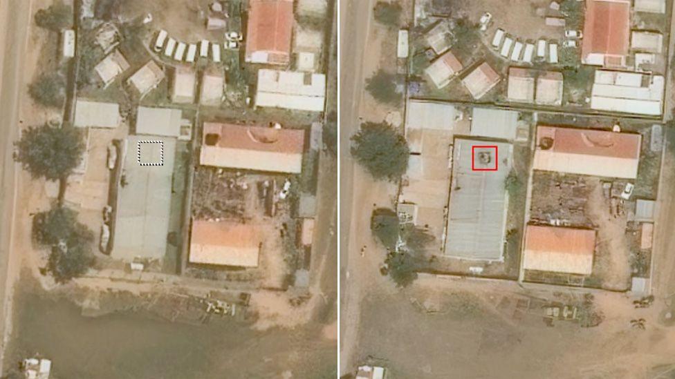 Satellite images of buildings near Saudi Hospital - the one on the left taken on 26 September and the one of the right taken on 10 October, showing
damage to the roof from a munition impact