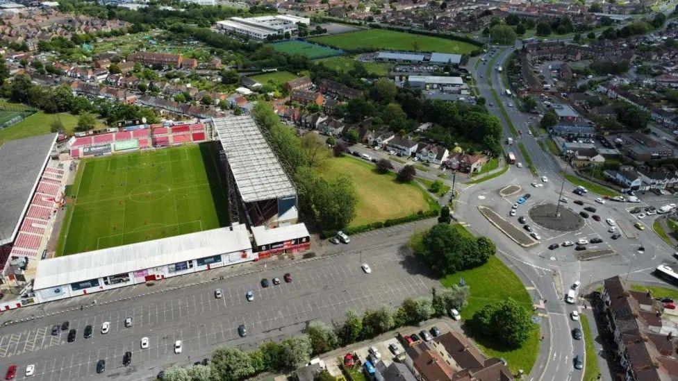 View of the Magic Roundabout alongside Swindon Town FC's County Ground