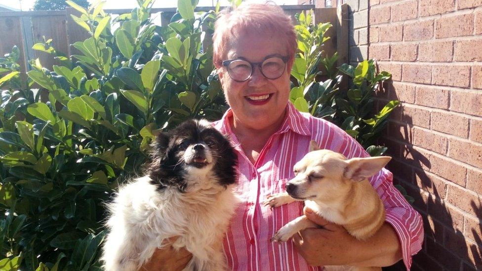 Pauline with puppies Fawn and Tuppence