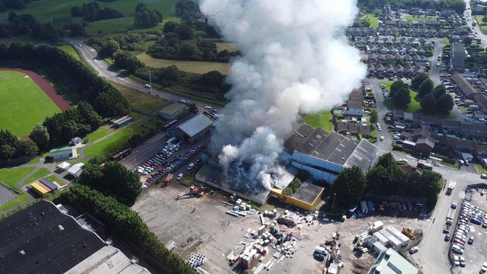 Drone footage of the fire at the disused sports centre